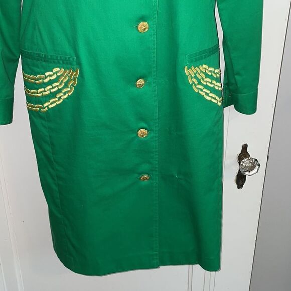 Vintage‎ 80s Linda Lewis green cotton military style long jacket or coat dress - Picture 4 of 11